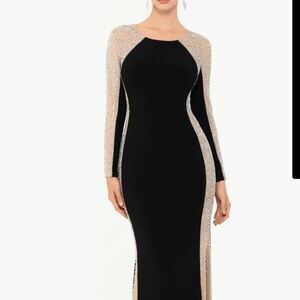 Xscape "Sarah" Long Jersey Knit with Caviar Beaded Sides Dress SIZE 4 NWT
